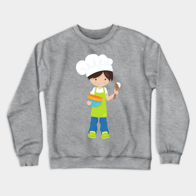 Baking, Baker, Bakery, Apron, Cute Boy, Brown Hair Crewneck Sweatshirt by Jelena Dunčević